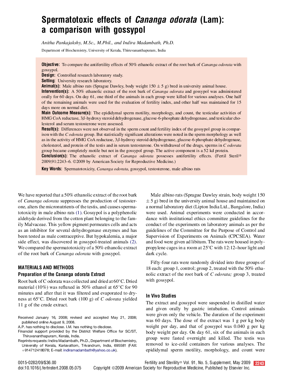 Spermatotoxic effects of Cananga odorata (Lam): a comparison with gossypol