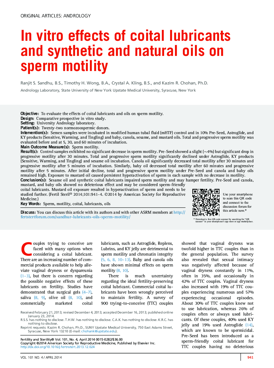 In vitro effects of coital lubricants and synthetic and natural oils on sperm motility 