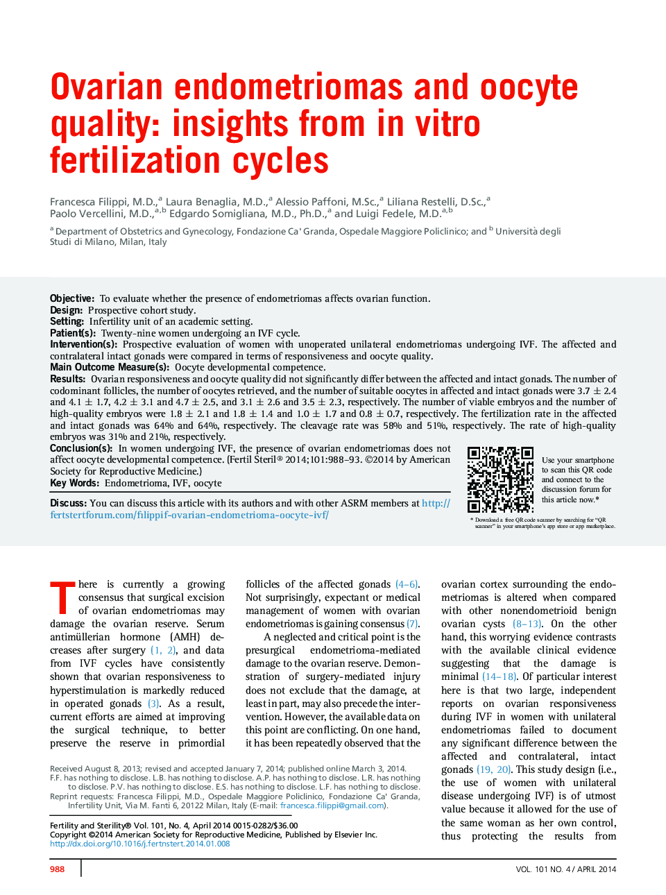 Ovarian endometriomas and oocyte quality: insights from inÂ vitro fertilization cycles