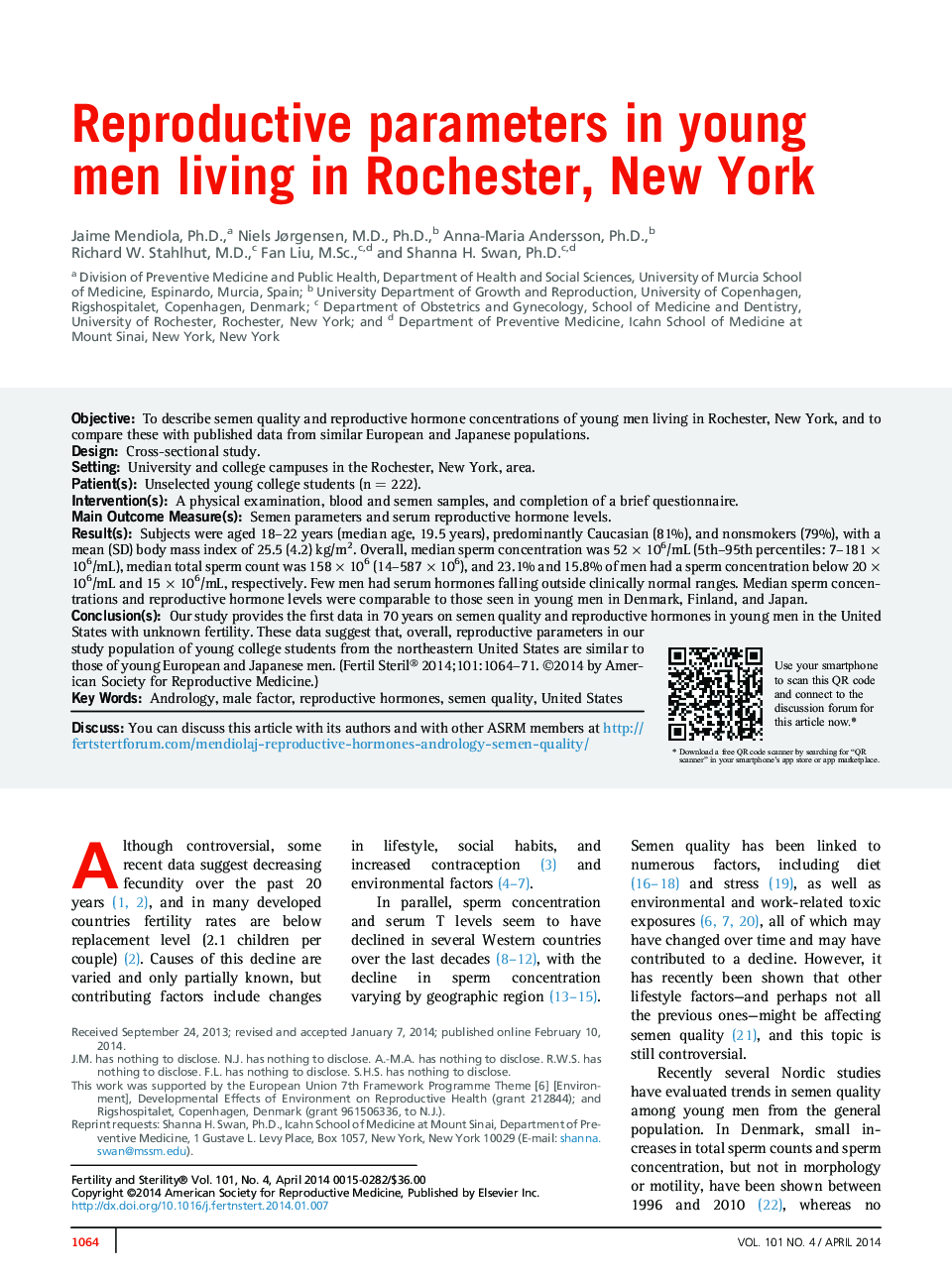 پارامترهای تولید مثل در مردان جوان در روچستر، نیویورک 