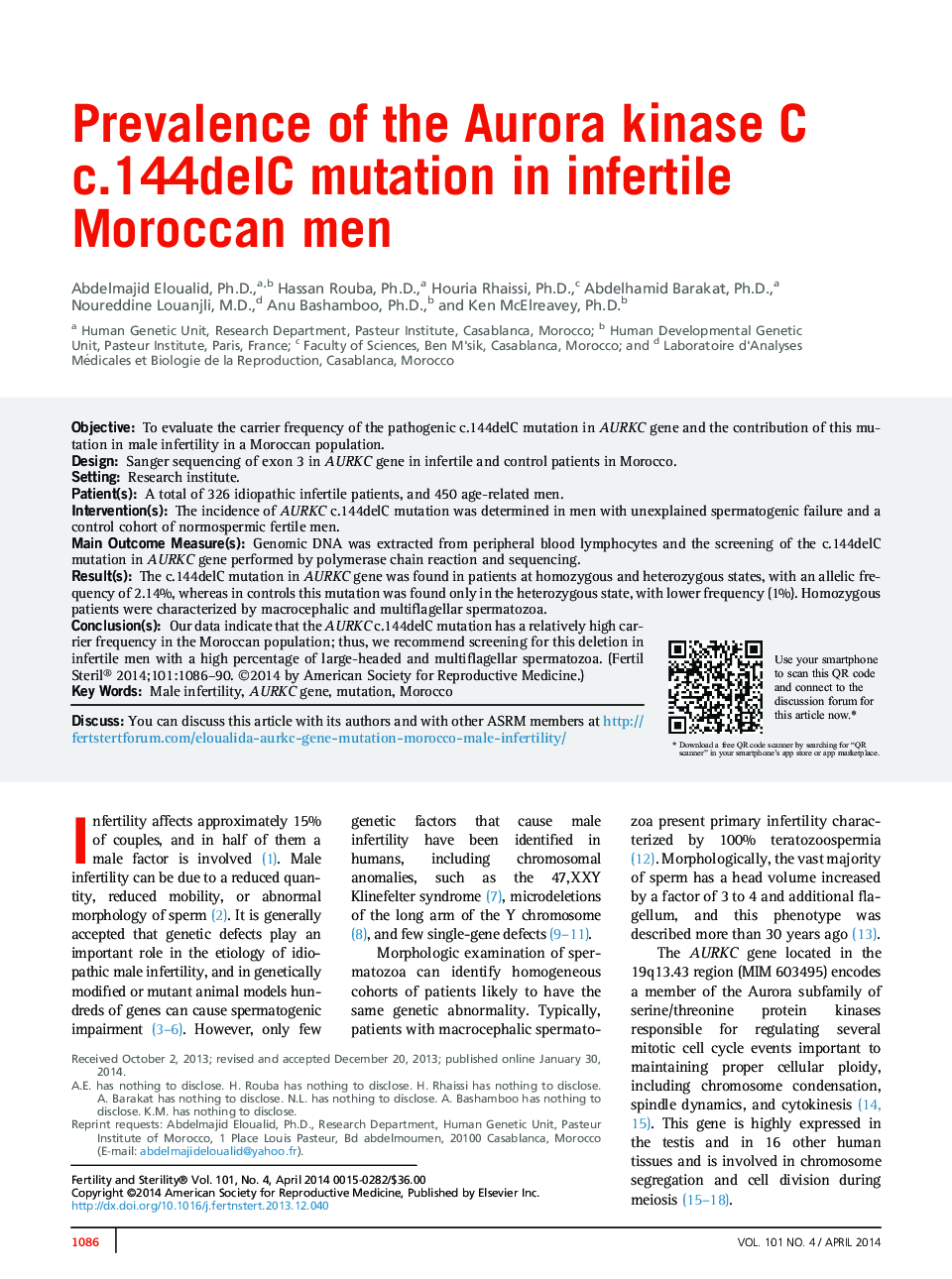 Prevalence of the Aurora kinase C c.144delC mutation in infertile Moroccan men 