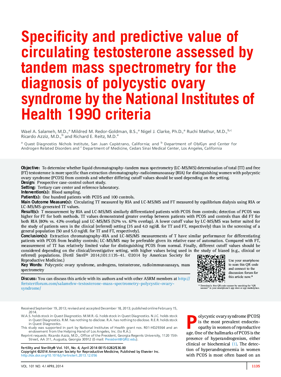 Specificity and predictive value of circulating testosterone assessed by tandem mass spectrometry for the diagnosis of polycystic ovary syndrome by the National Institutes of Health 1990 criteria