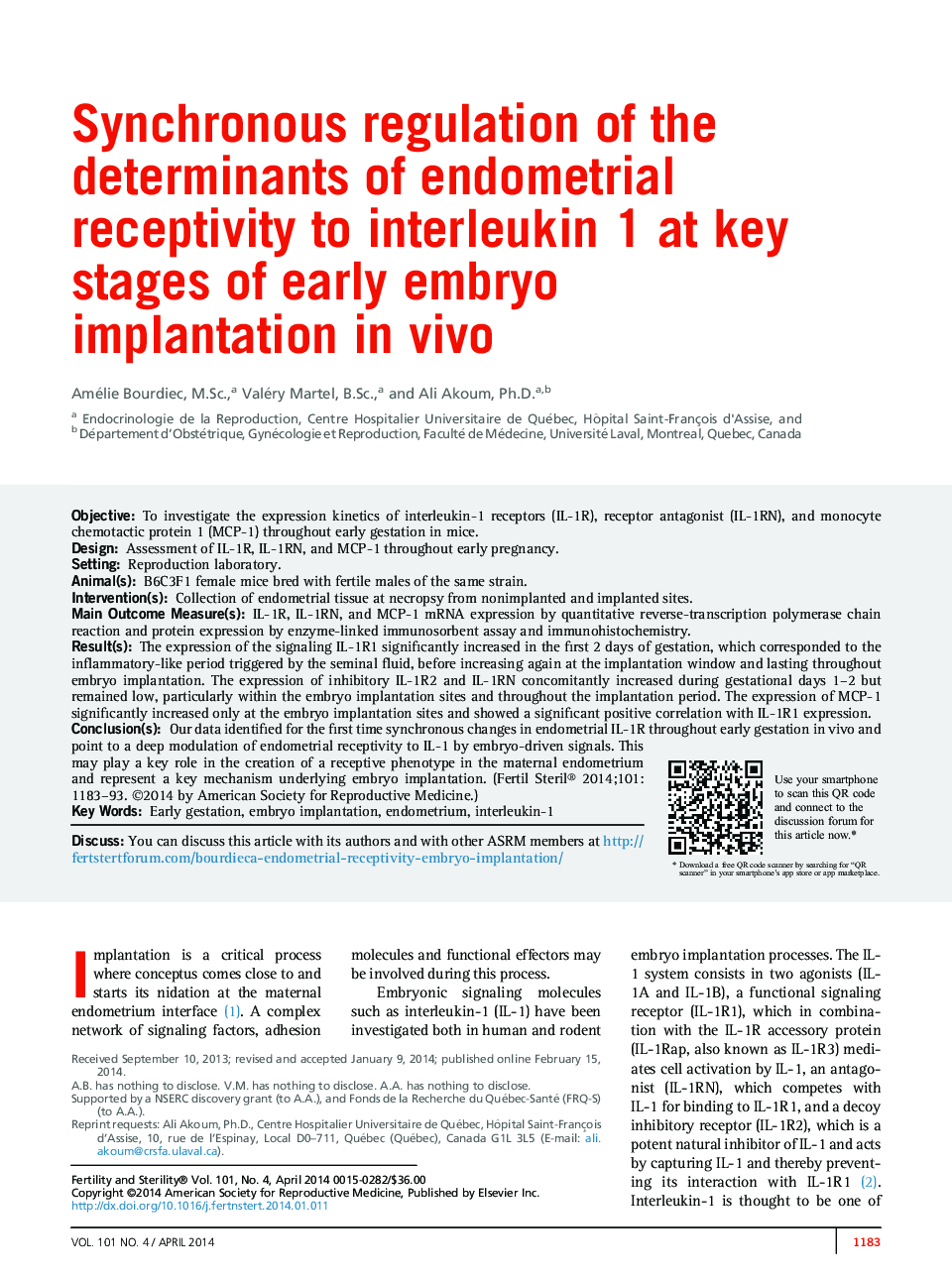 Synchronous regulation of the determinants of endometrial receptivity to interleukin 1 at key stages of early embryo implantation in vivo 