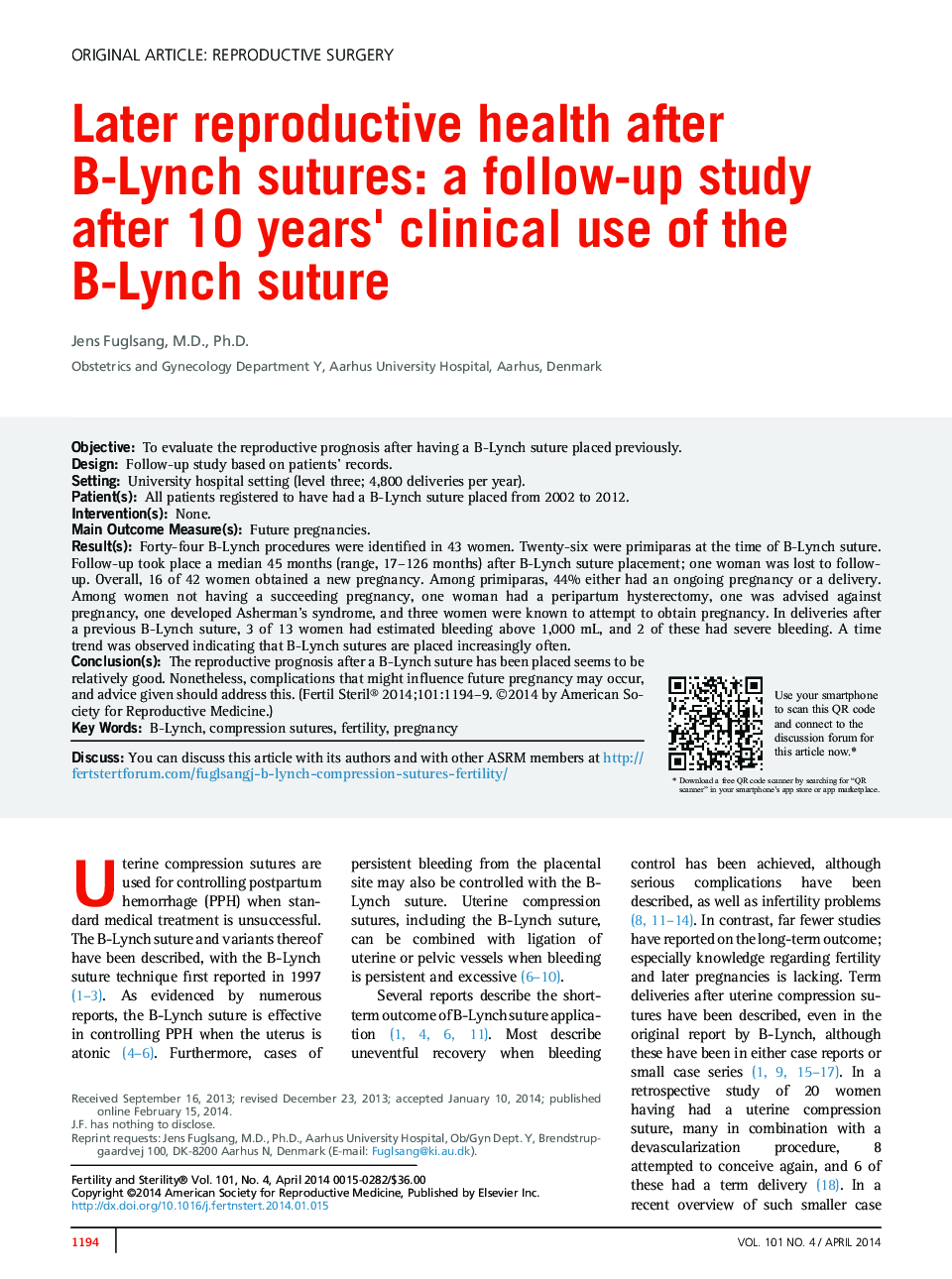 Later reproductive health after B-Lynch sutures: a follow-up study after 10 years' clinical use of the B-Lynch suture 