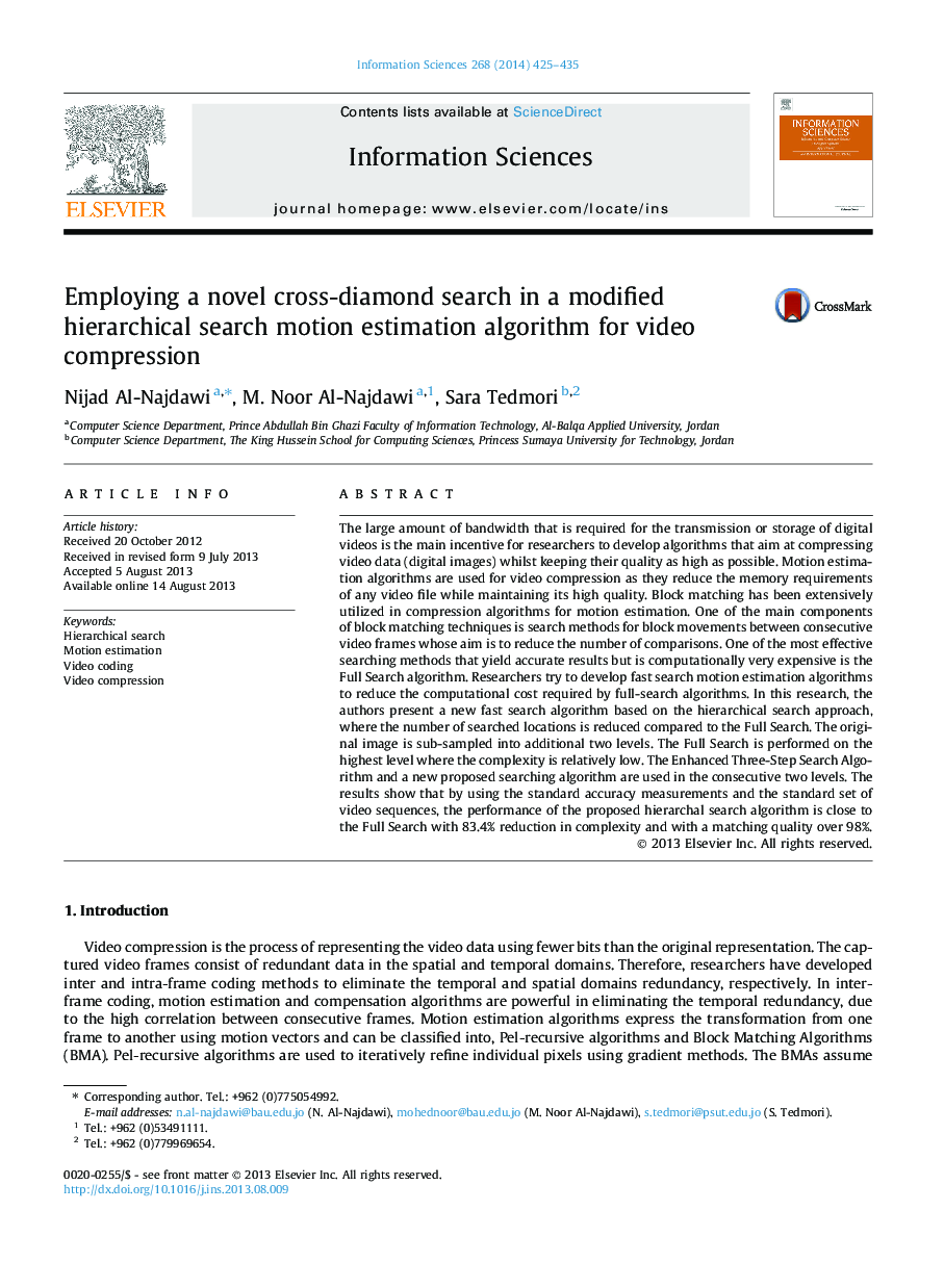 Employing a novel cross-diamond search in a modified hierarchical search motion estimation algorithm for video compression