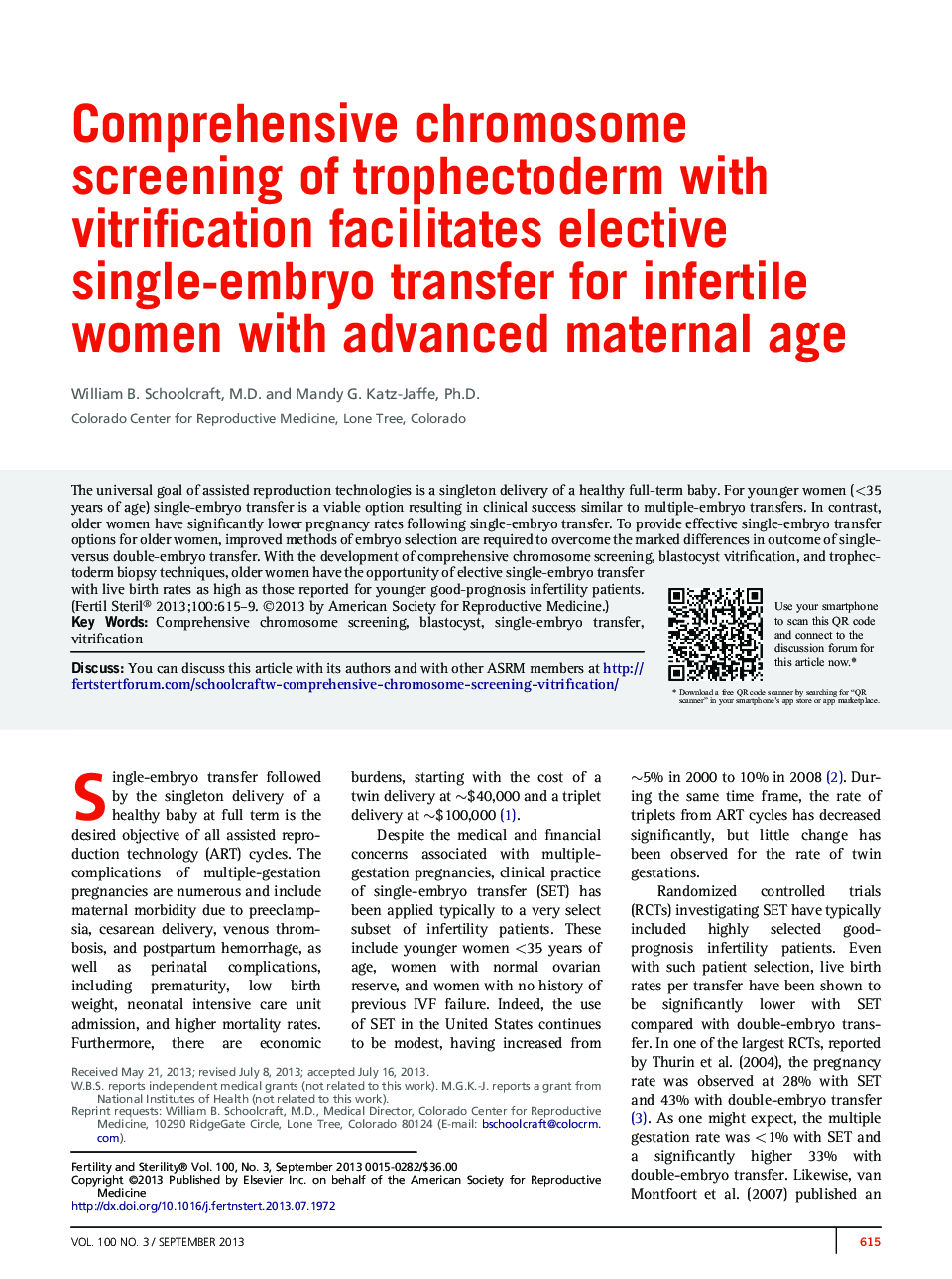 Comprehensive chromosome screening of trophectoderm with vitrification facilitates elective single-embryo transfer for infertile women with advanced maternal age 