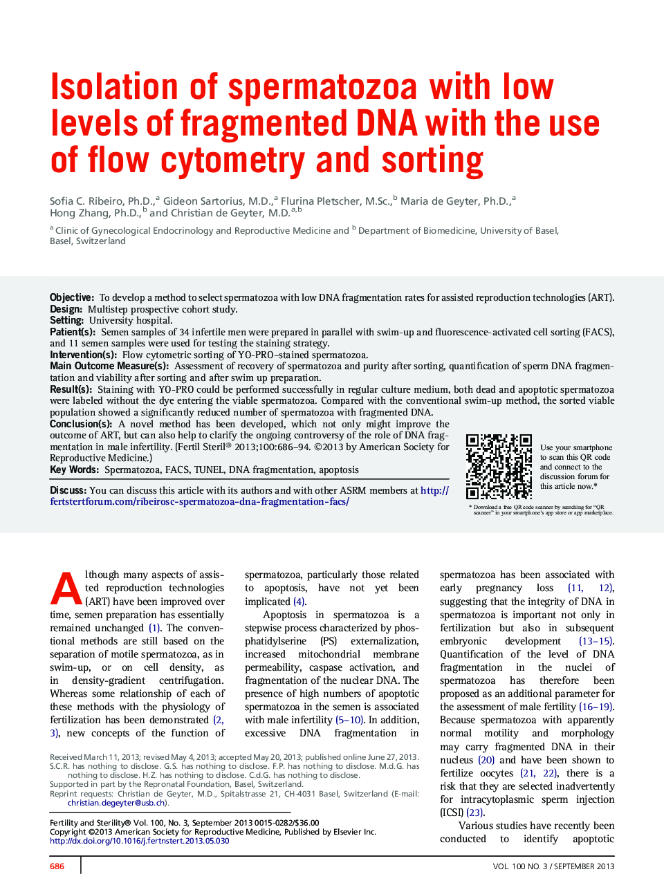 Isolation of spermatozoa with low levels of fragmented DNA with the use of flow cytometry and sorting