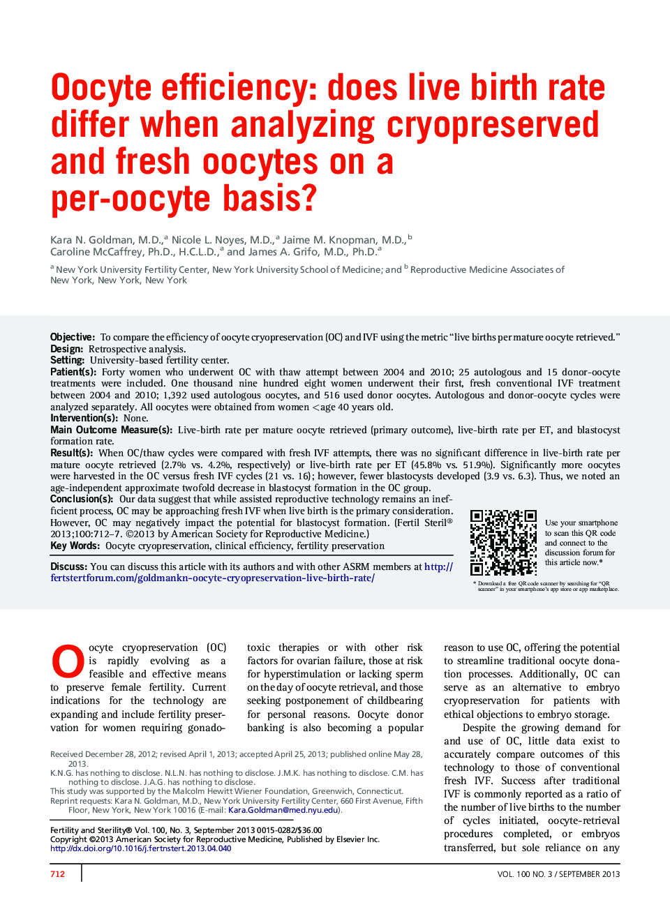 Oocyte efficiency: does live birth rate differ when analyzing cryopreserved and fresh oocytes on a per-oocyte basis? 