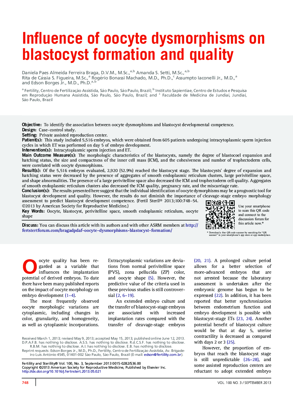 Influence of oocyte dysmorphisms on blastocyst formation and quality 