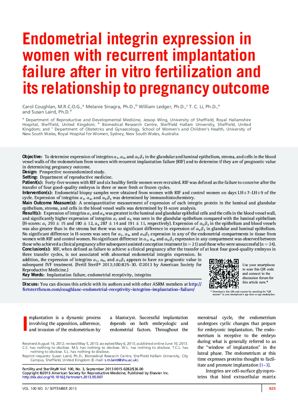 Endometrial integrin expression in women with recurrent implantation failure after in vitro fertilization and its relationship to pregnancy outcome