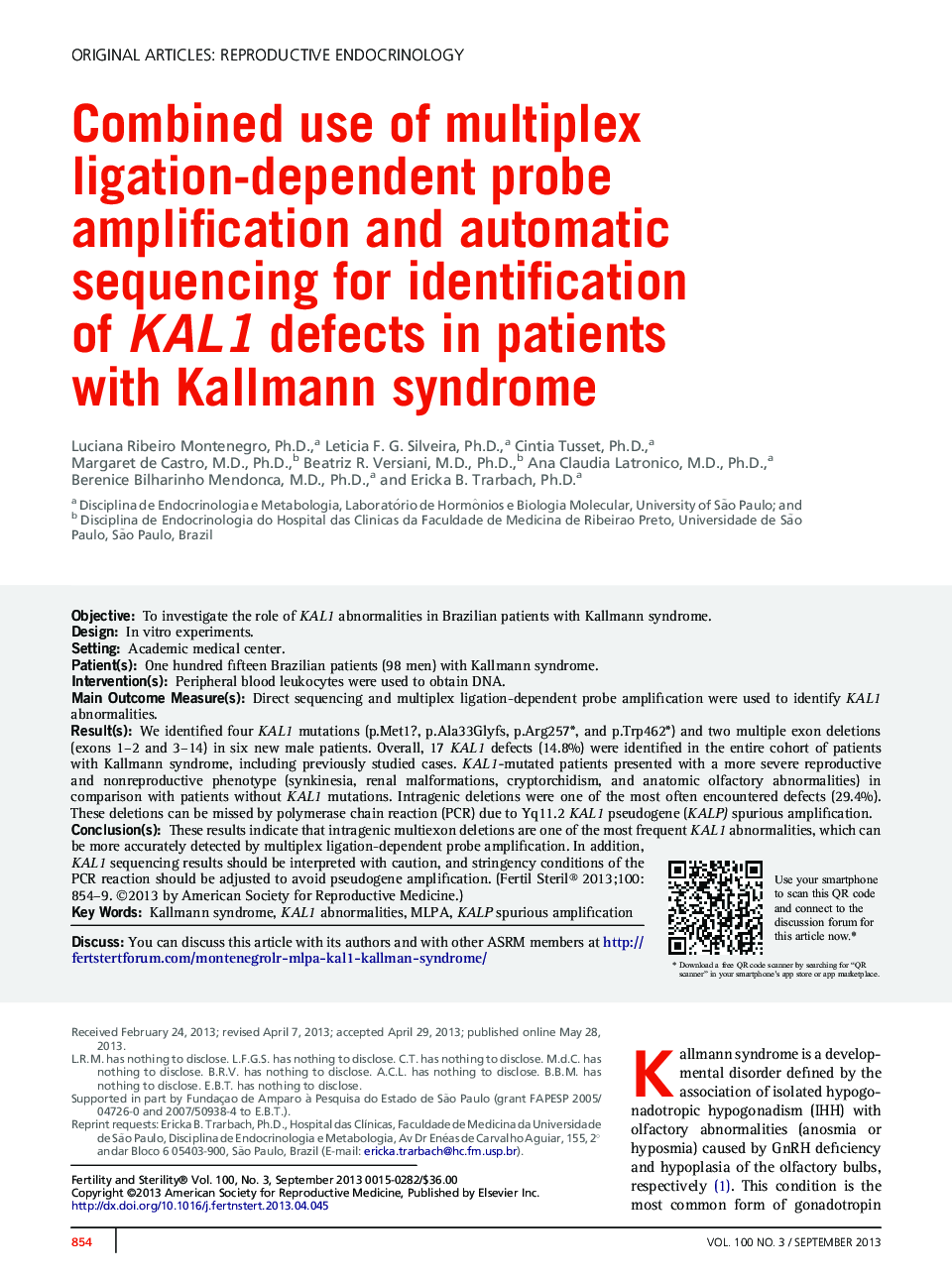 Combined use of multiplex ligation-dependent probe amplification and automatic sequencing for identification of KAL1 defects in patients with Kallmann syndrome 