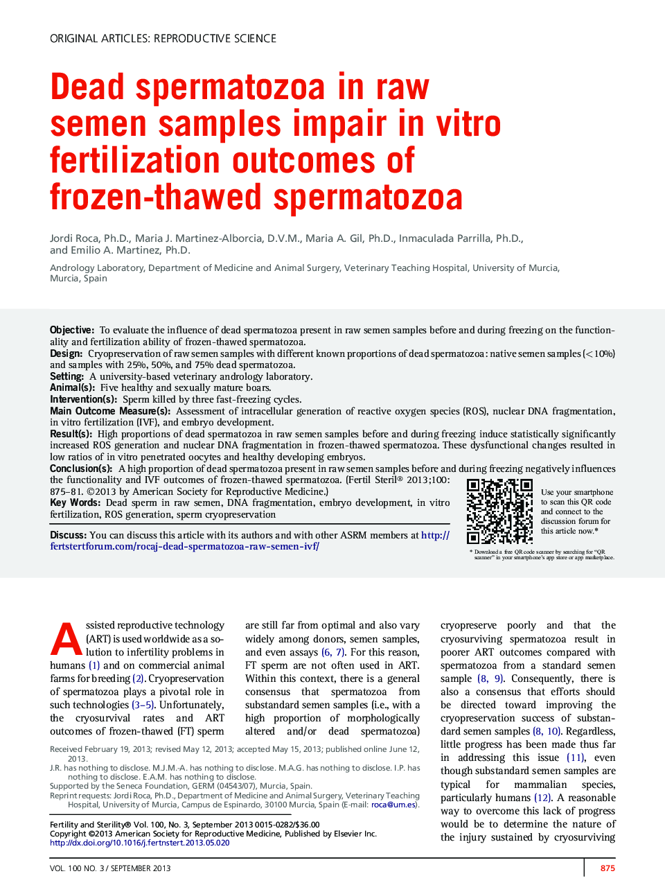 Dead spermatozoa in raw semenÂ samples impair inÂ vitro fertilization outcomes of frozen-thawed spermatozoa