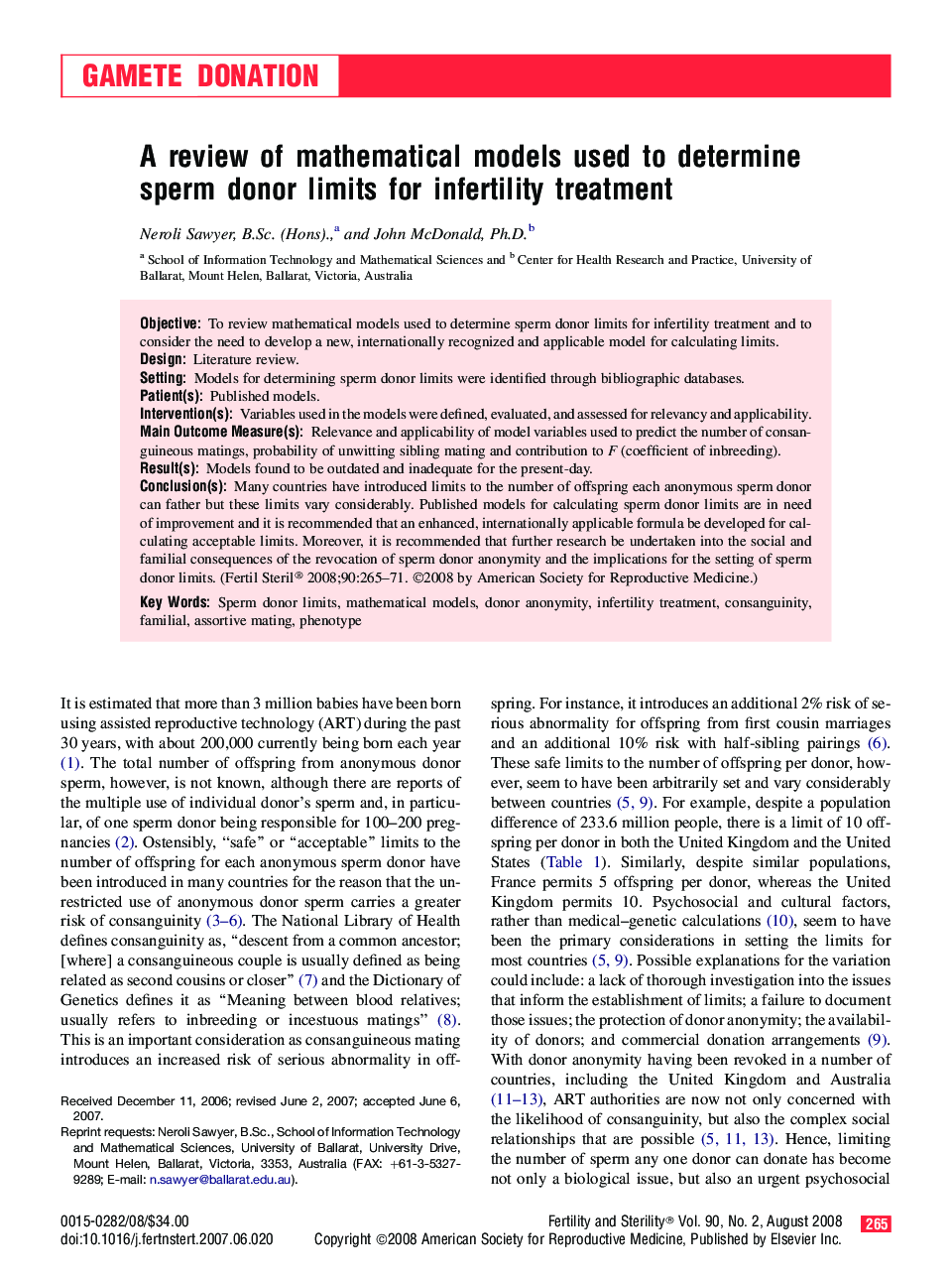 A review of mathematical models used to determine sperm donor limits for infertility treatment