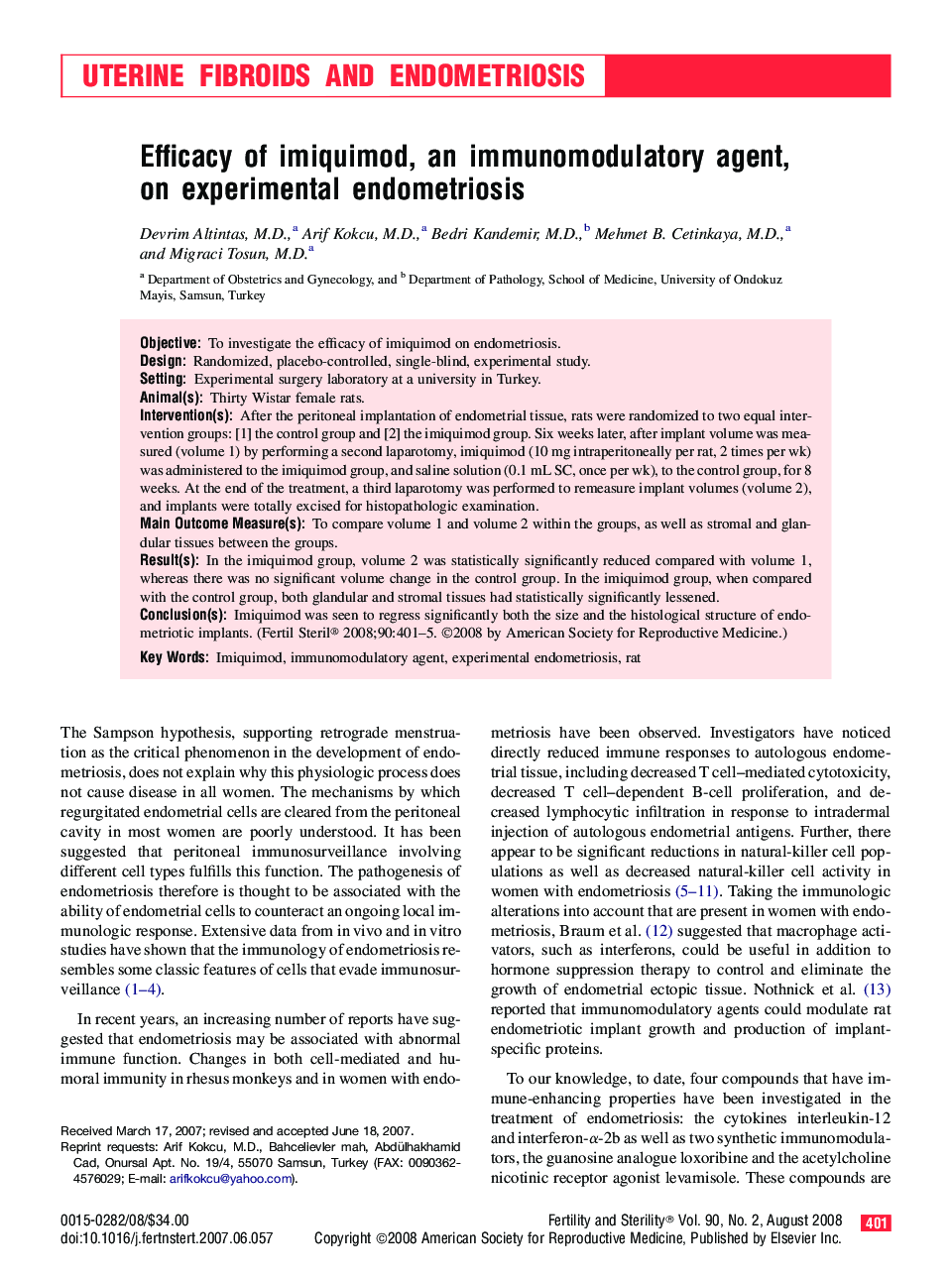 Efficacy of imiquimod, an immunomodulatory agent, on experimental endometriosis