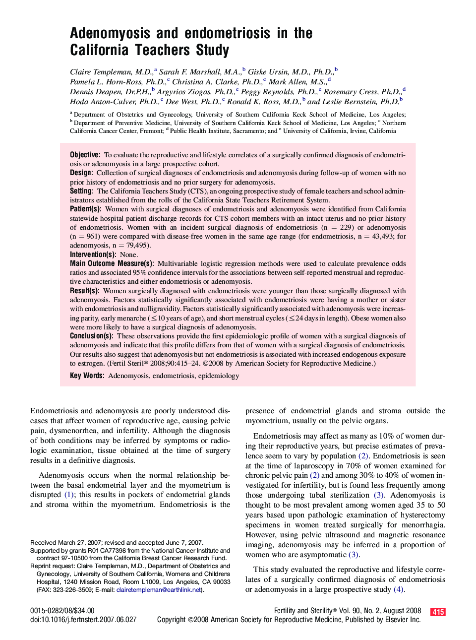 Adenomyosis and endometriosis in the California Teachers Study 