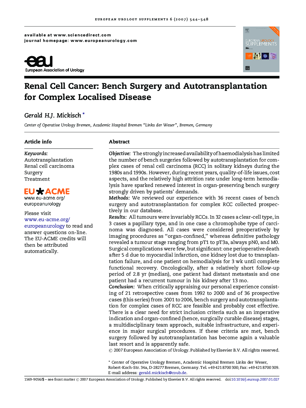 Renal Cell Cancer: Bench Surgery and Autotransplantation for Complex Localised Disease