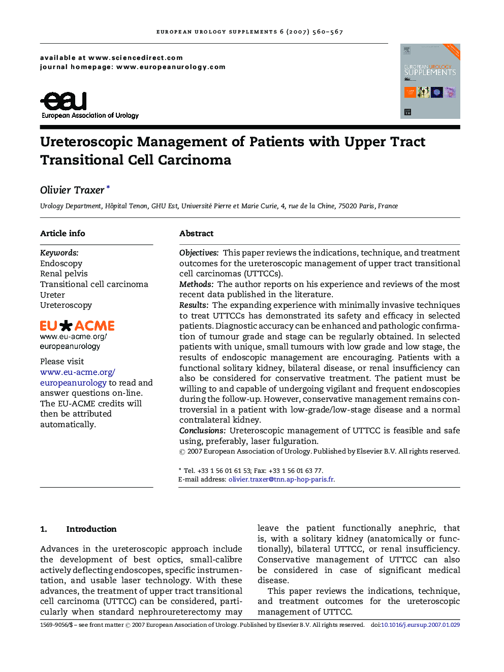 Ureteroscopic Management of Patients with Upper Tract Transitional Cell Carcinoma 