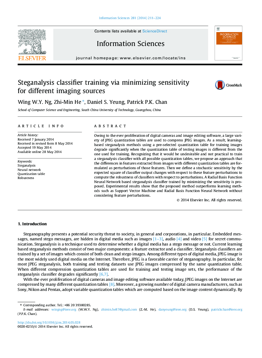 Steganalysis classifier training via minimizing sensitivity for different imaging sources