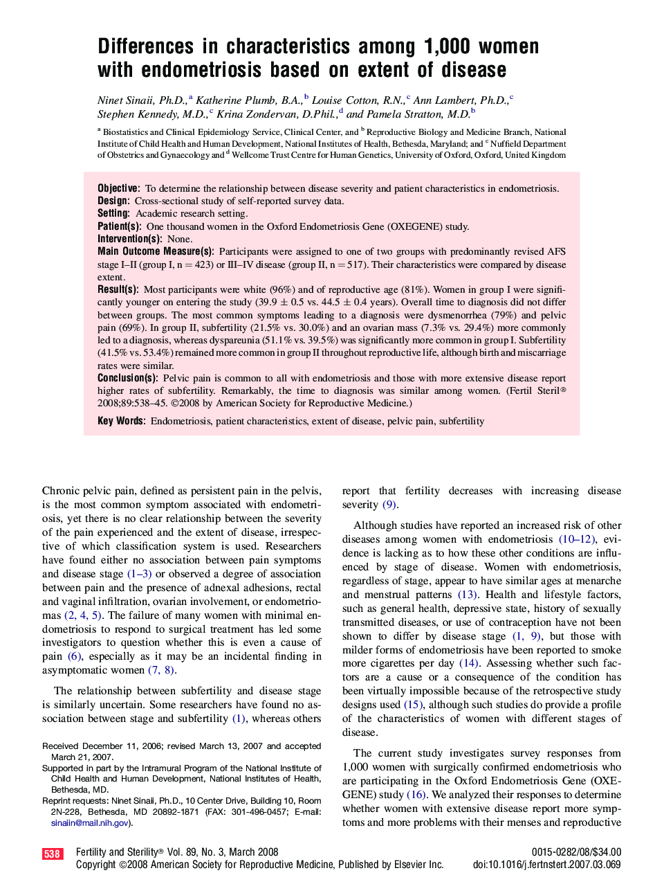 Differences in characteristics among 1,000 women with endometriosis based on extent of disease 