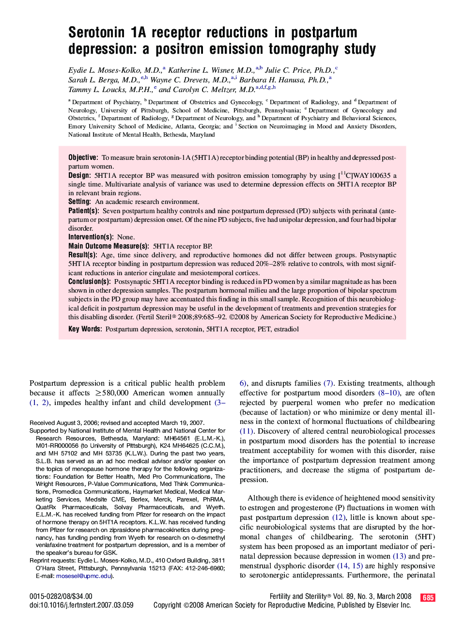 Serotonin 1A receptor reductions in postpartum depression: a positron emission tomography study 