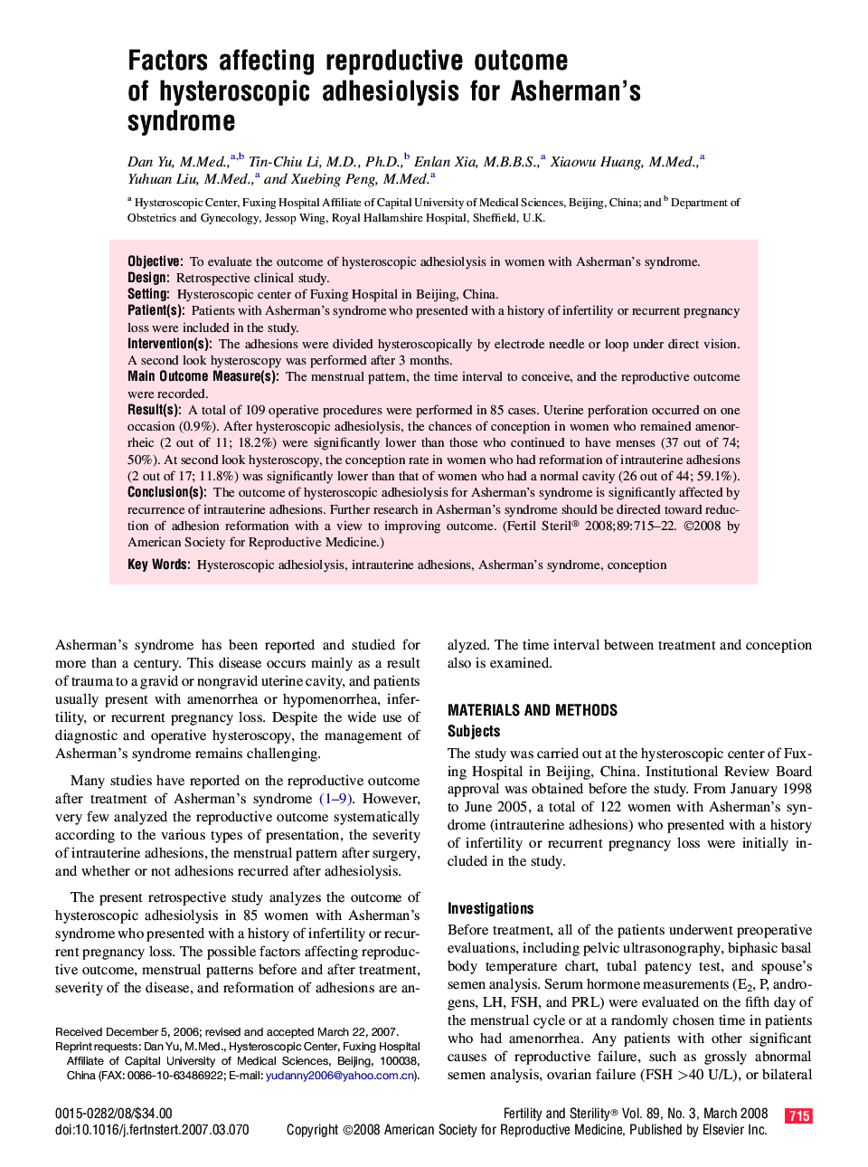 Factors affecting reproductive outcome of hysteroscopic adhesiolysis for Asherman's syndrome