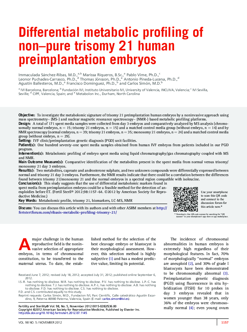 Differential metabolic profiling of non-pure trisomy 21 human preimplantation embryos