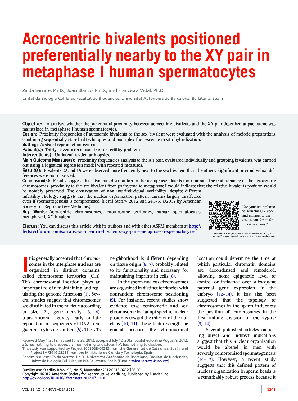 Acrocentric bivalents positioned preferentially nearby to the XY pair in metaphase I human spermatocytes 