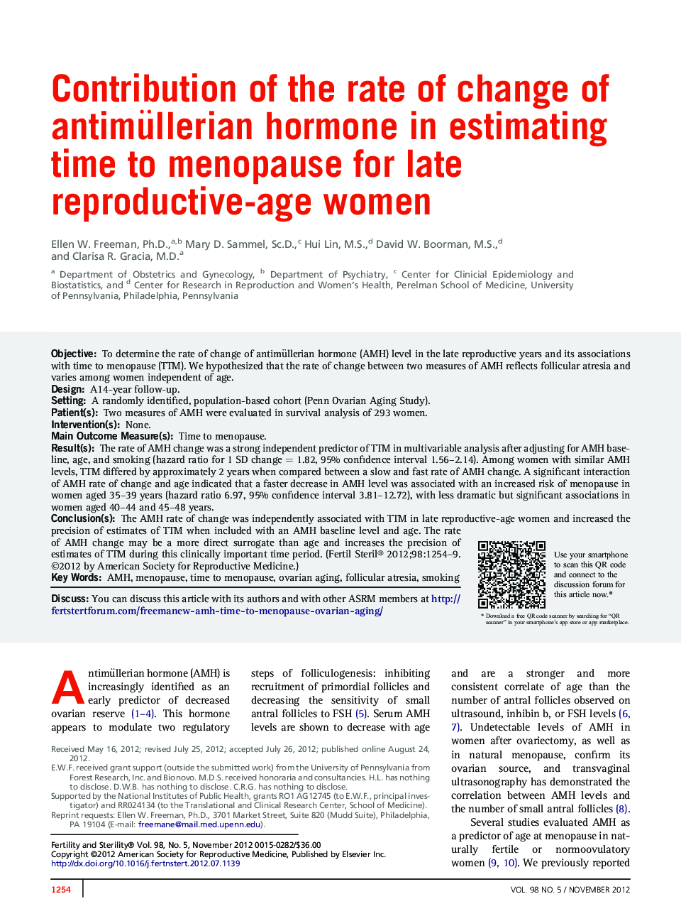 Contribution of the rate of change of antimüllerian hormone in estimating time to menopause for late reproductive-age women