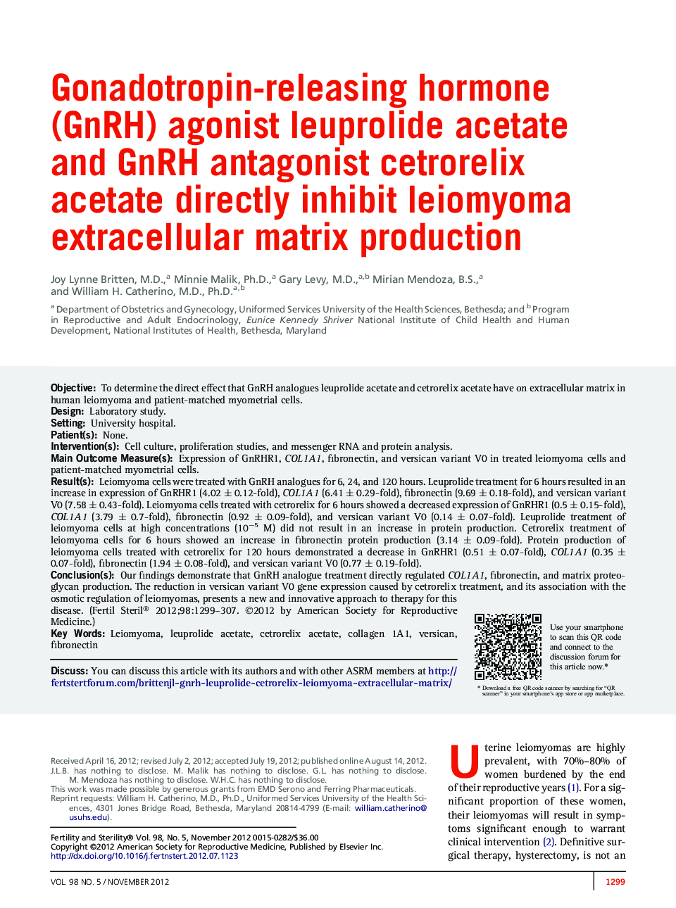 Gonadotropin-releasing hormone (GnRH) agonist leuprolide acetate and GnRH antagonist cetrorelix acetate directly inhibit leiomyoma extracellular matrix production 