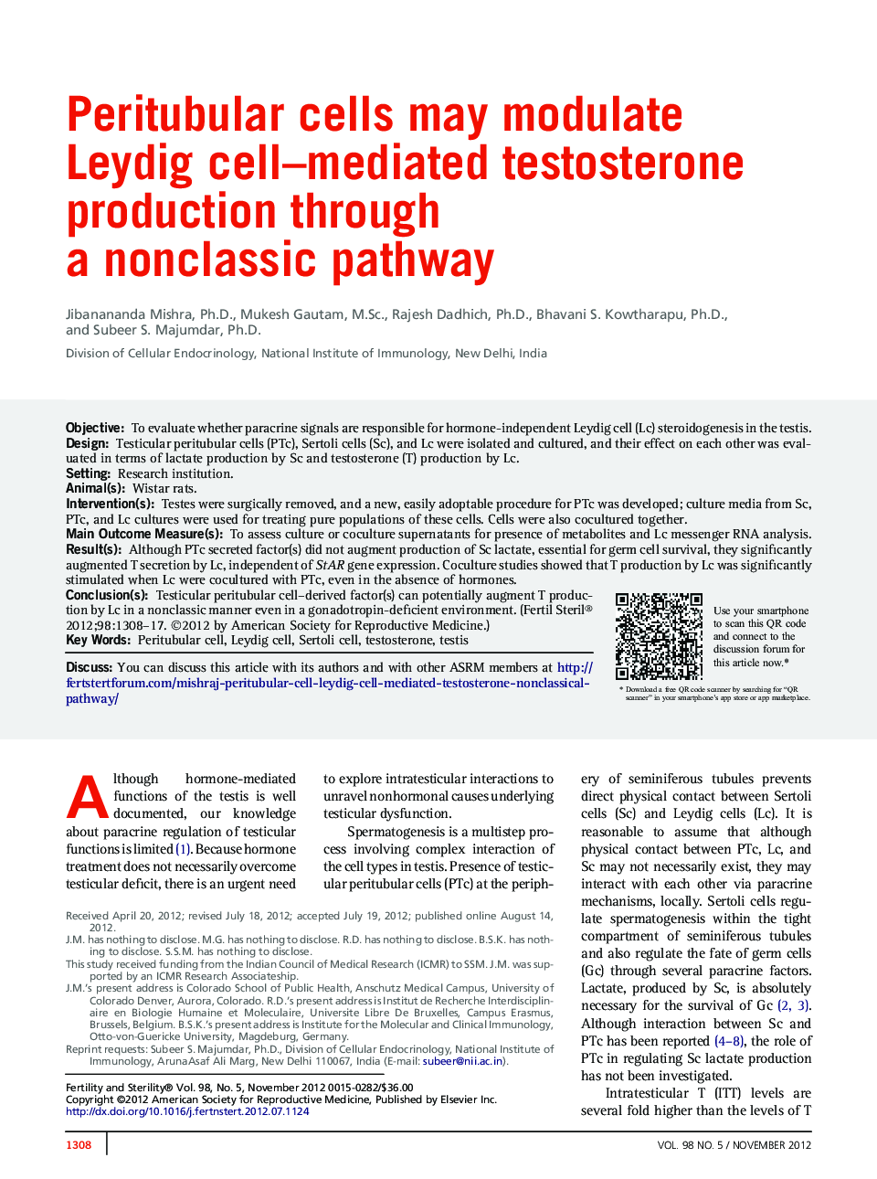 Peritubular cells may modulate Leydig cell-mediated testosterone production through a nonclassic pathway