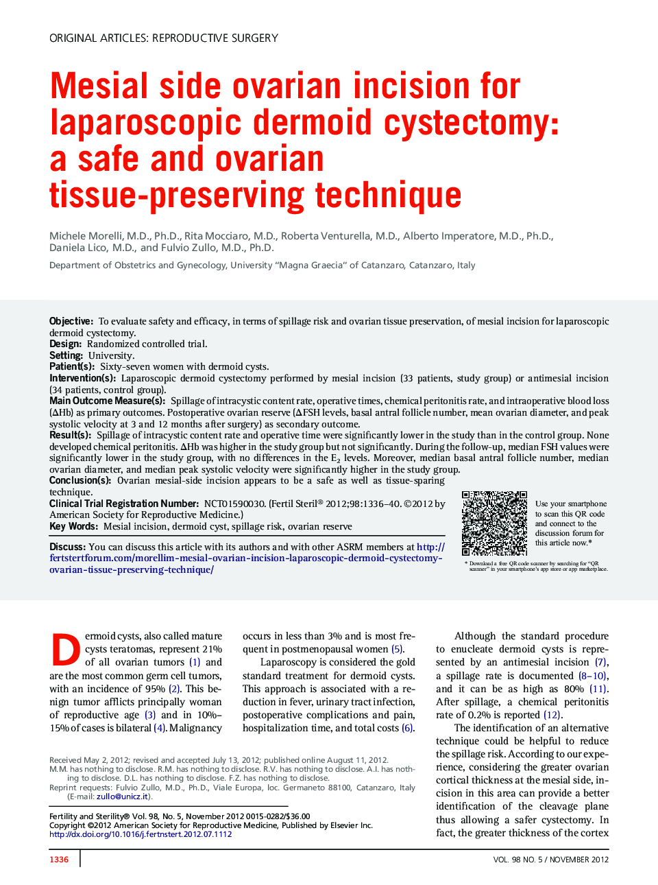 Mesial side ovarian incision for laparoscopic dermoid cystectomy: a safe and ovarian tissue-preserving technique