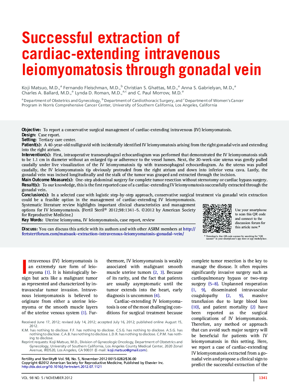Successful extraction of cardiac-extending intravenous leiomyomatosis through gonadal vein