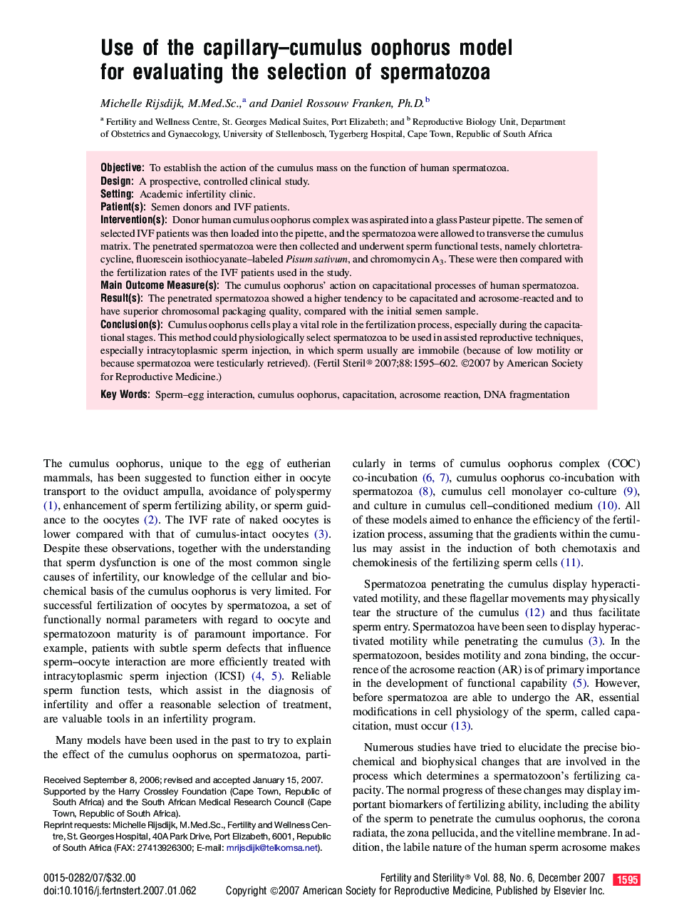 Use of the capillary–cumulus oophorus model for evaluating the selection of spermatozoa 