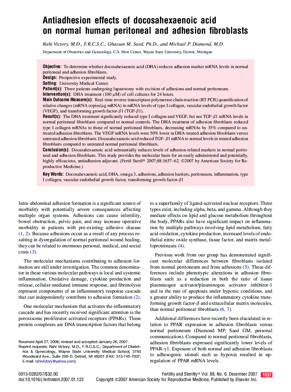 Antiadhesion effects of docosahexaenoic acid on normal human peritoneal and adhesion fibroblasts