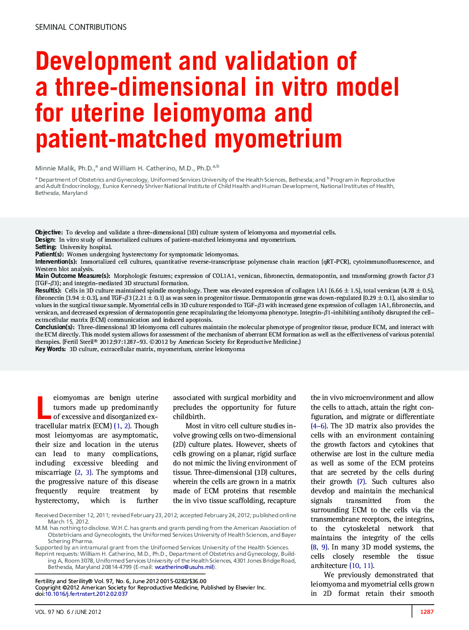 Development and validation of a three-dimensional inÂ vitro model forÂ uterine leiomyoma and patient-matched myometrium