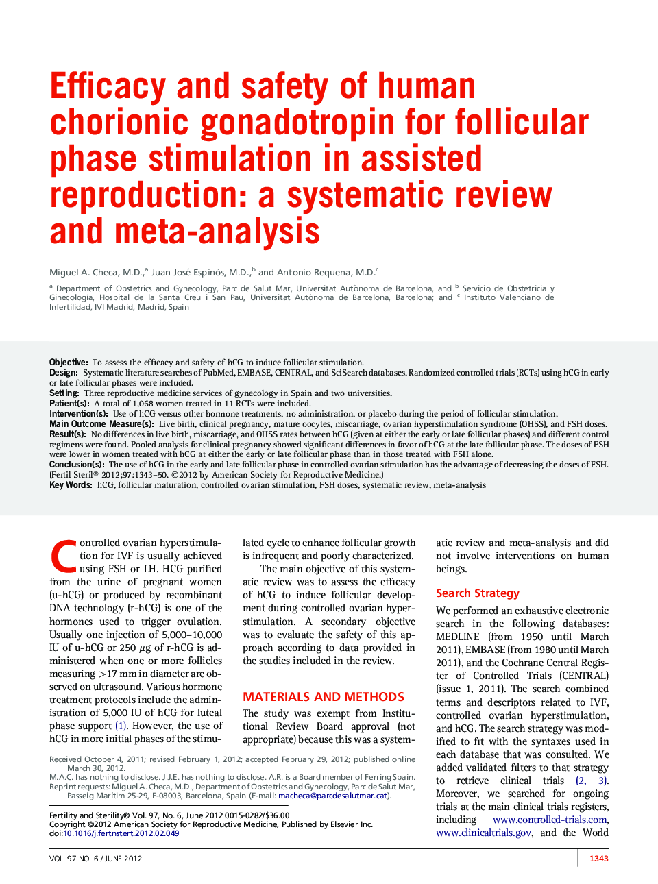 Efficacy and safety of human chorionic gonadotropin for follicular phase stimulation in assisted reproduction: a systematic review and meta-analysis