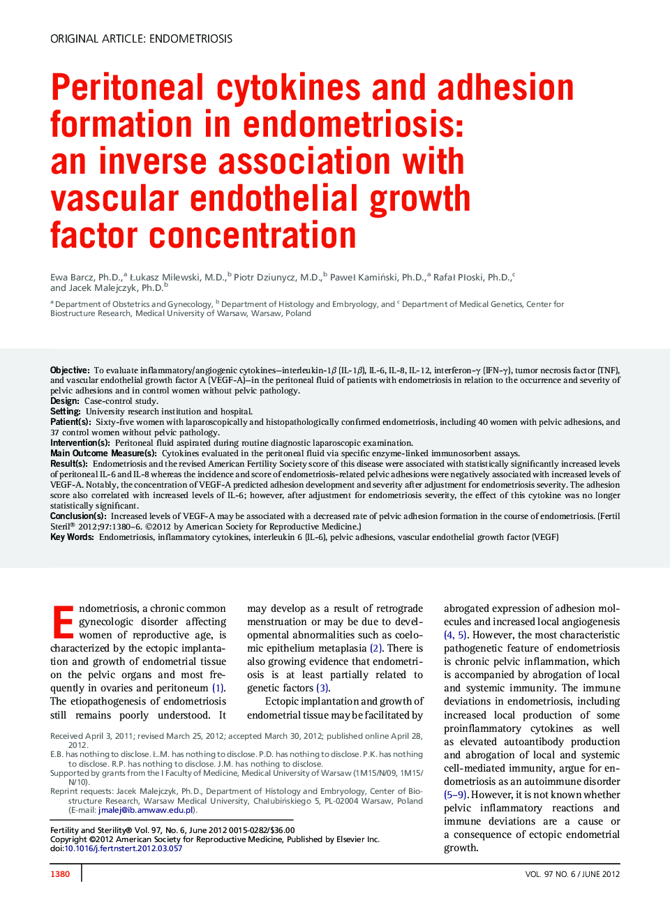 Peritoneal cytokines and adhesion formation in endometriosis: anÂ inverse association with vascularÂ endothelial growth factorÂ concentration