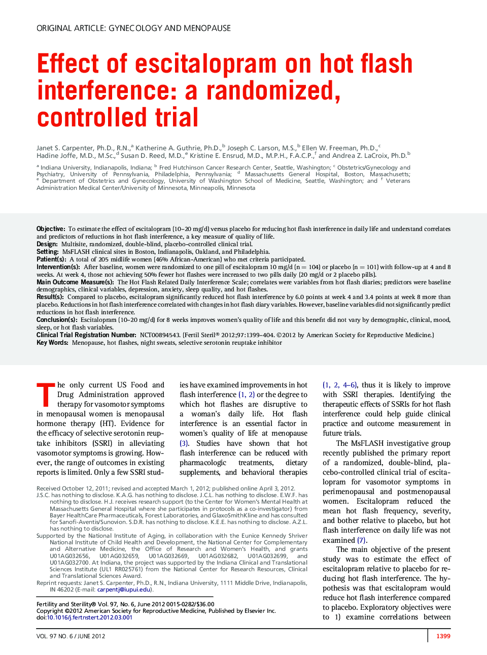 Effect of escitalopram on hot flash interference: a randomized, controlled trial