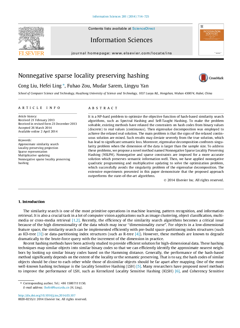 Nonnegative sparse locality preserving hashing