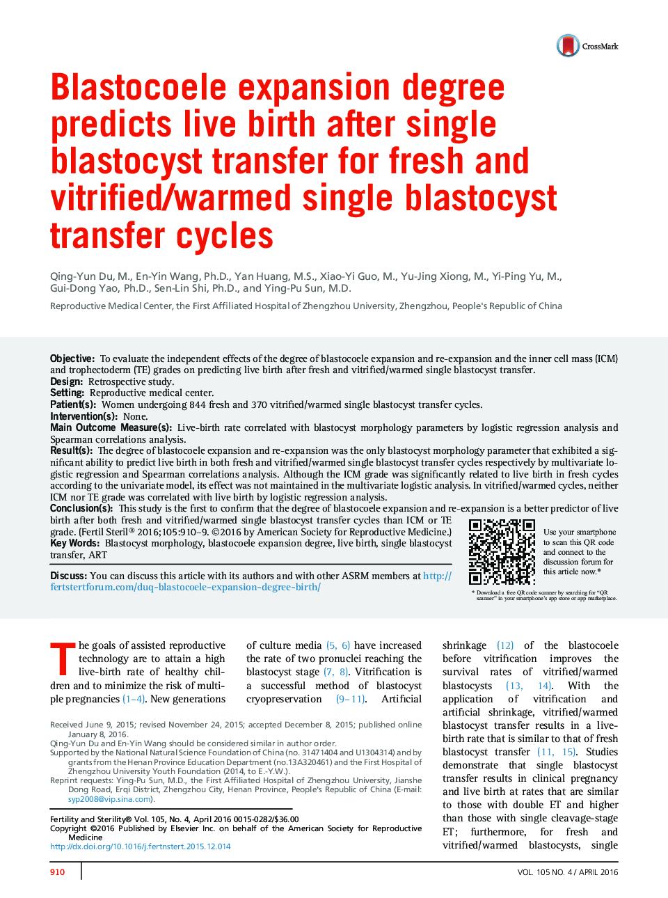 Blastocoele expansion degree predicts live birth after single blastocyst transfer for fresh and vitrified/warmed single blastocyst transfer cycles