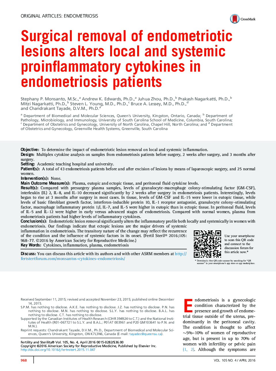 Surgical removal of endometriotic lesions alters local and systemic proinflammatory cytokines in endometriosis patients