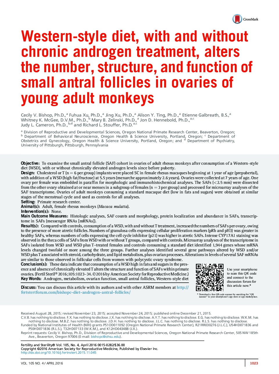 رژیم غذایی غربی، با و بدون درمان مزمن آندروژنی، تغییر تعداد، ساختار و عملکرد فولیکول های انترال کوچک در تخمدان ها از میمون های جوان 