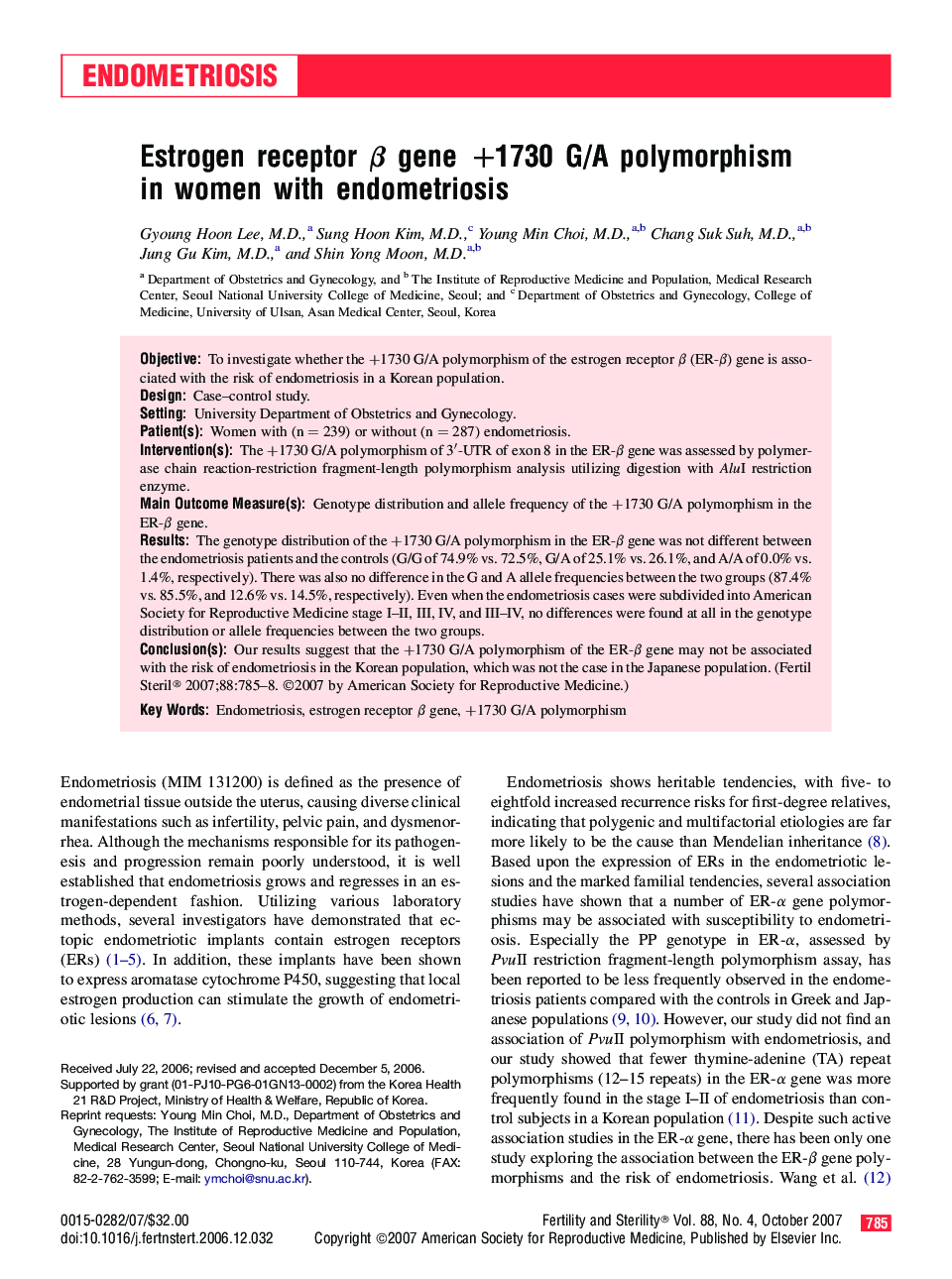 Estrogen receptor Î² gene +1730 G/A polymorphism in women with endometriosis