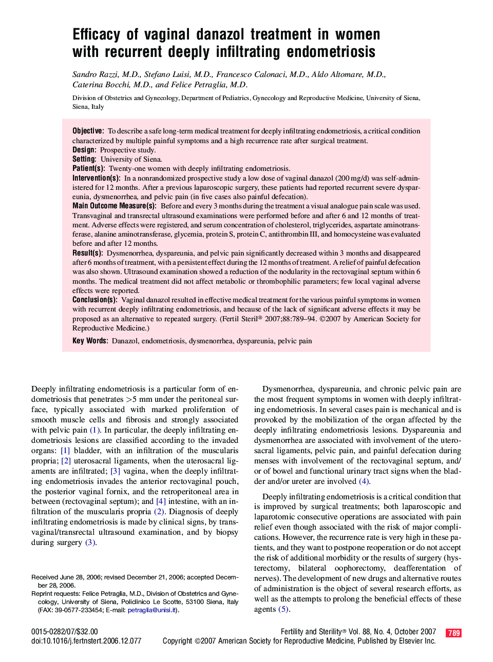 Efficacy of vaginal danazol treatment in women with recurrent deeply infiltrating endometriosis