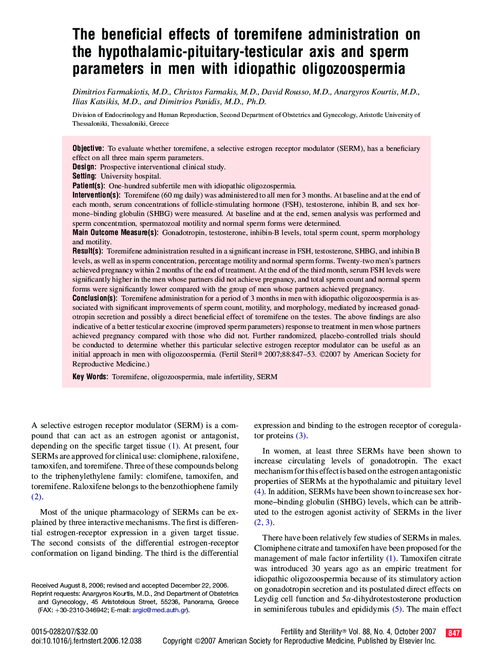 The beneficial effects of toremifene administration on the hypothalamic-pituitary-testicular axis and sperm parameters in men with idiopathic oligozoospermia