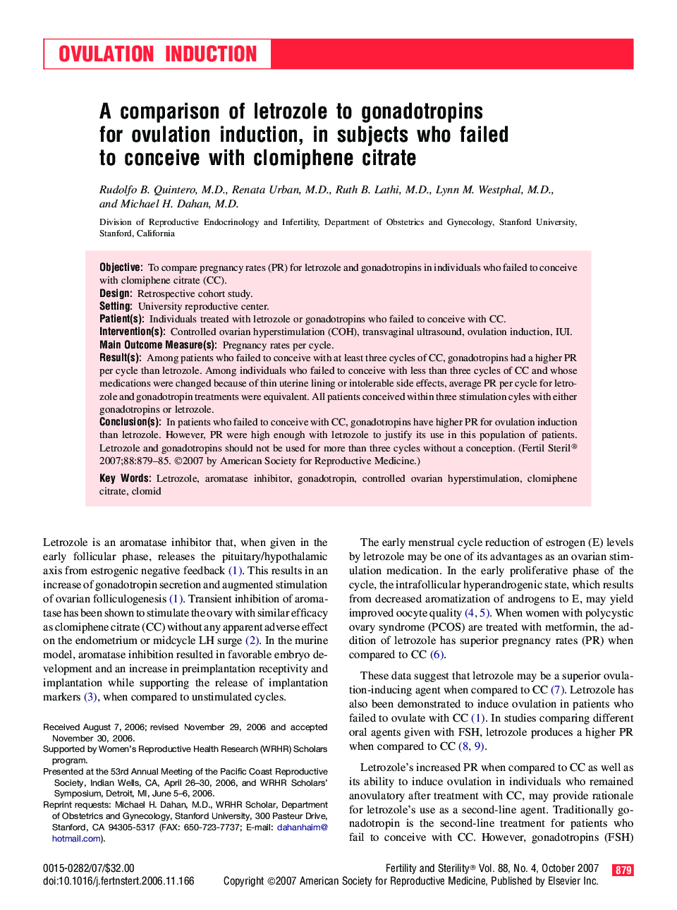 A comparison of letrozole to gonadotropins for ovulation induction, in subjects who failed to conceive with clomiphene citrate 