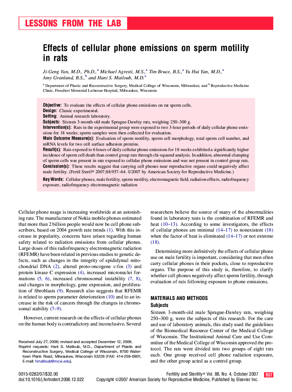 Effects of cellular phone emissions on sperm motility in rats