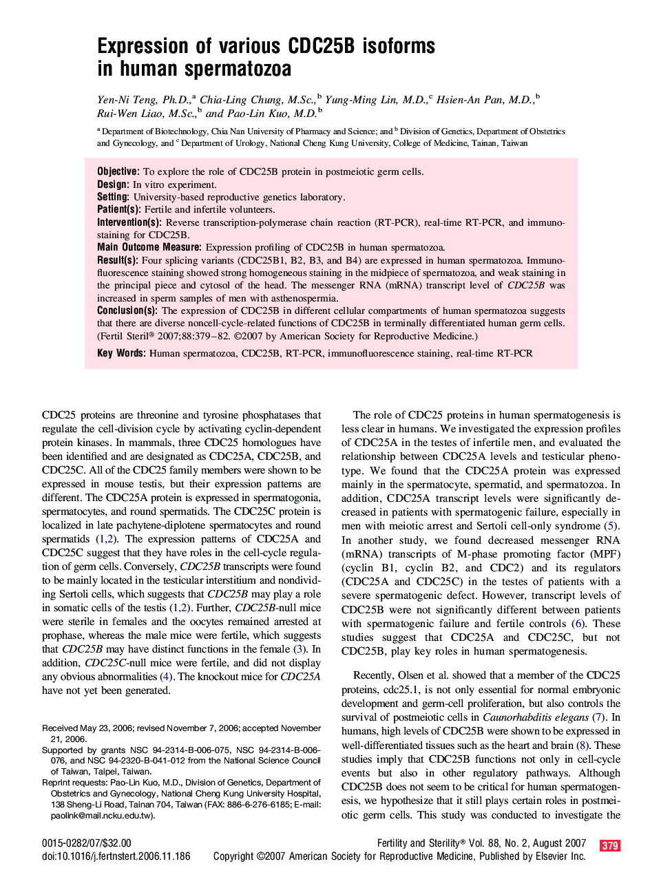 Expression of various CDC25B isoforms in human spermatozoa 