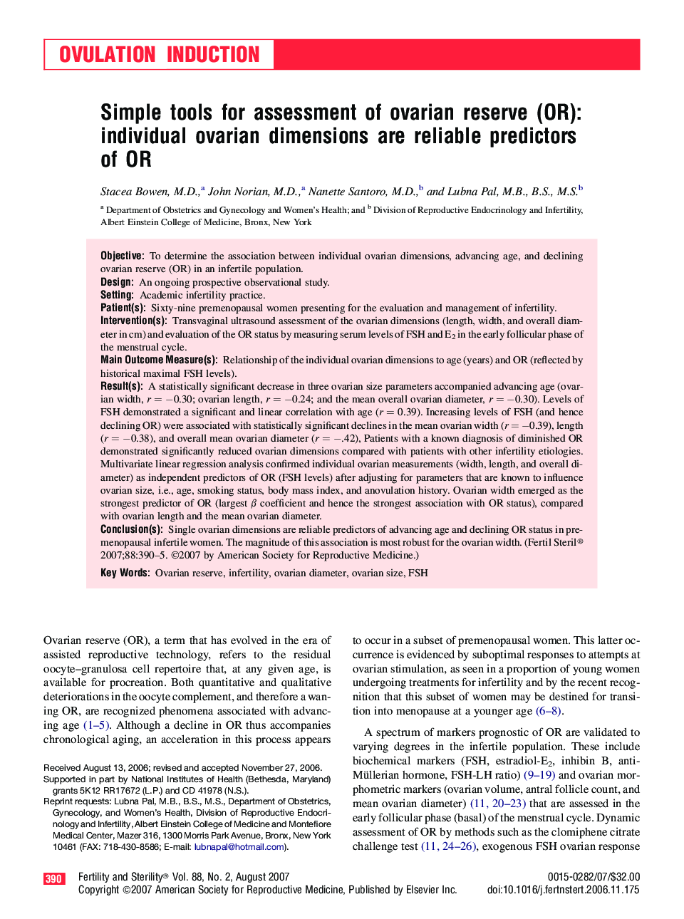 Simple tools for assessment of ovarian reserve (OR): individual ovarian dimensions are reliable predictors of OR 