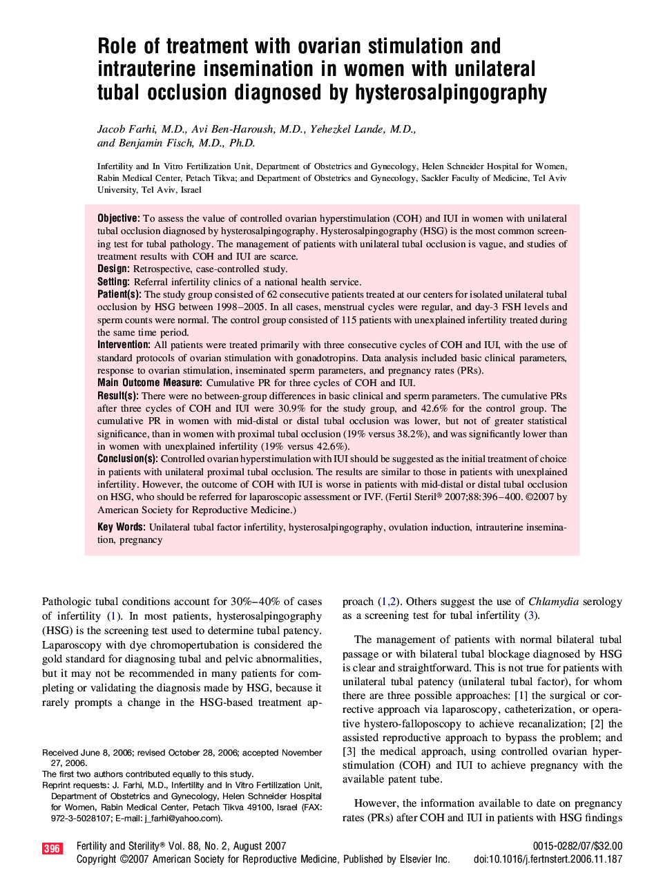 Role of treatment with ovarian stimulation and intrauterine insemination in women with unilateral tubal occlusion diagnosed by hysterosalpingography
